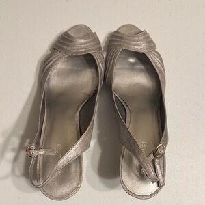 Nine West Metallic Silver Peep-Toe Slingback Heels